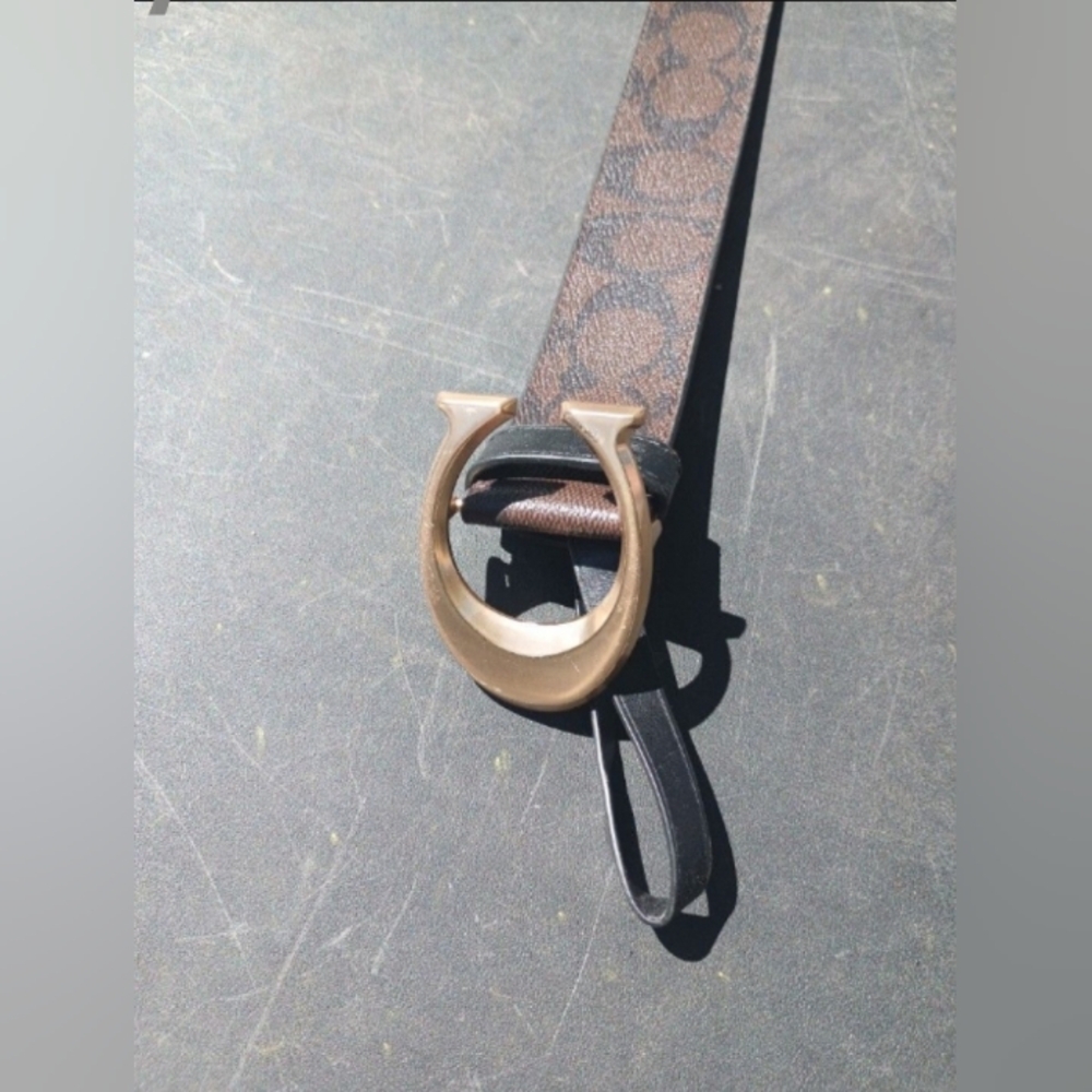 Coach Brown Logo-Print Men’s Strap with Gold-Tone Horseshoe Buckle